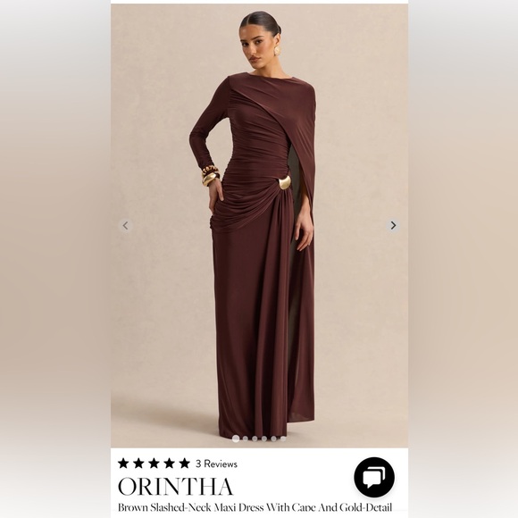 Club L London Dresses & Skirts - Club L London Orintha Brown Slashed-Neck Maxi Dress With Cape And Gold-Detail